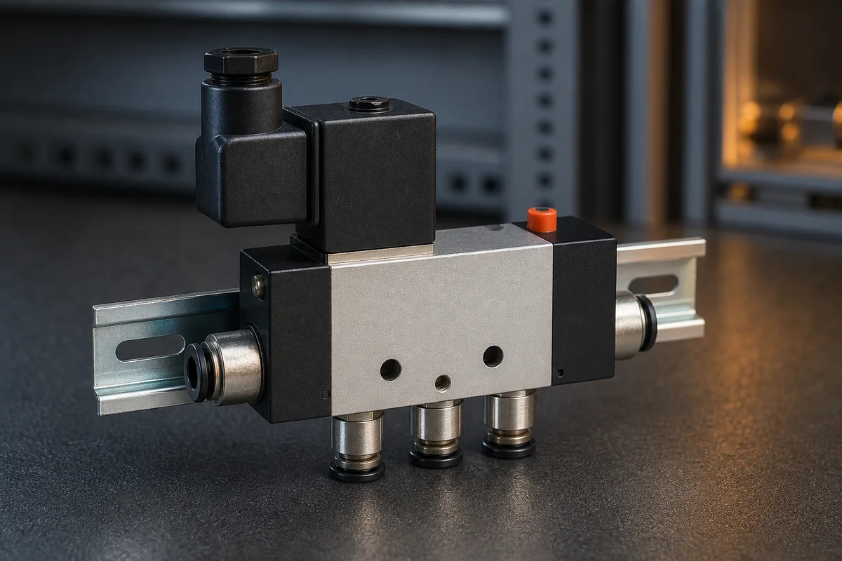 Industrial pneumatic solenoid valve with electrical coil, spool and air ports