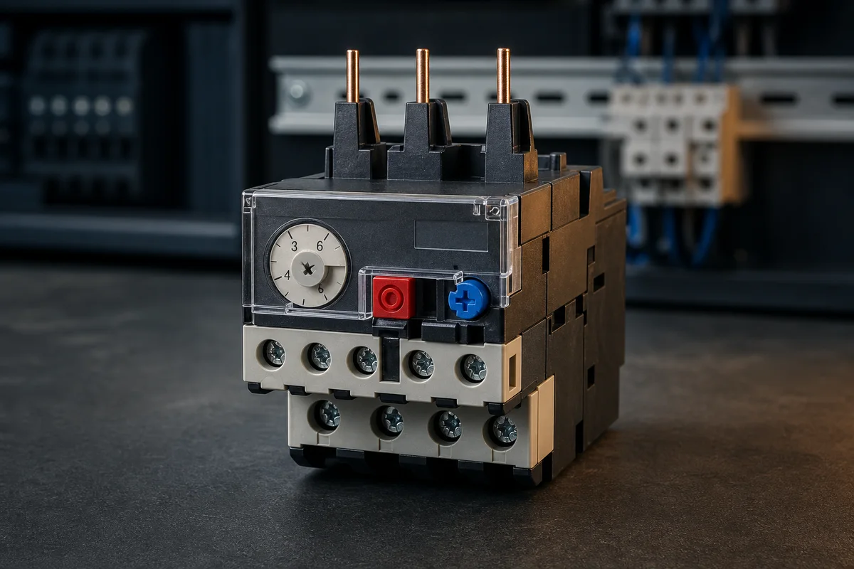 Three-phase thermal overload relay with current adjustment and reset controls
