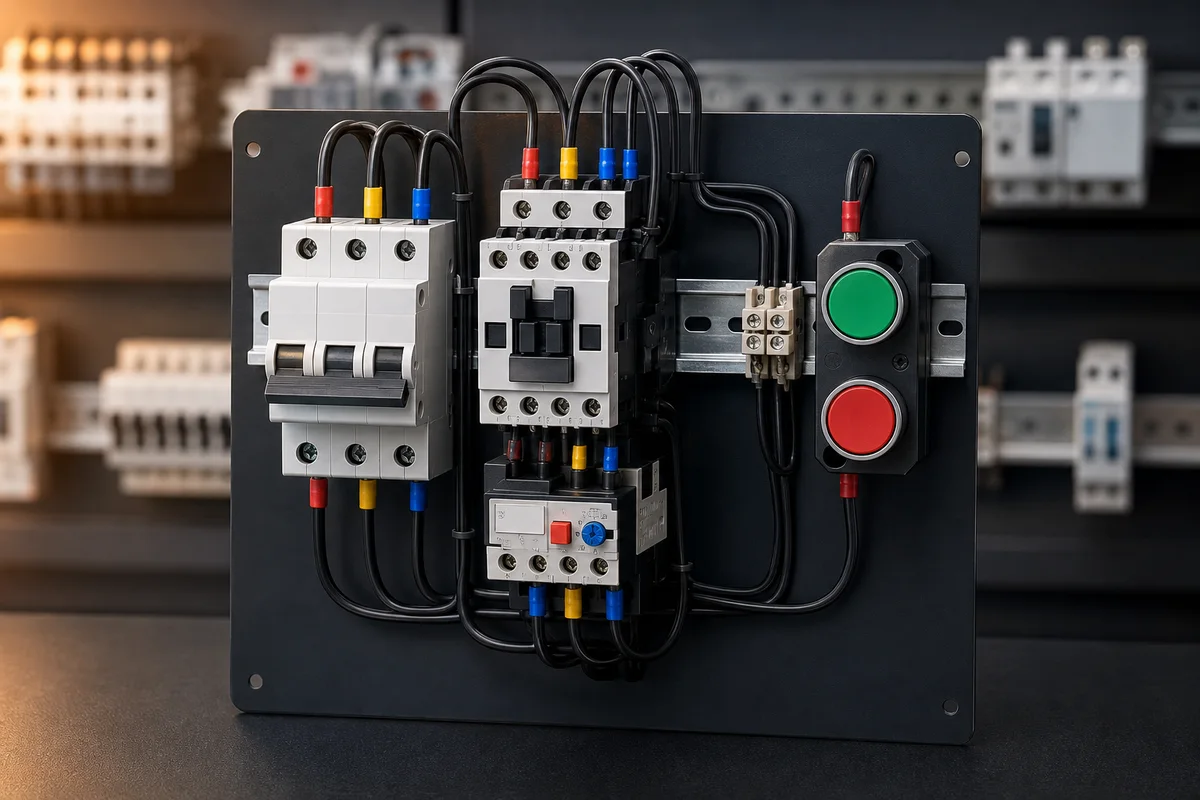 Three-wire motor starter panel with breaker, contactor, overload, start and stop buttons