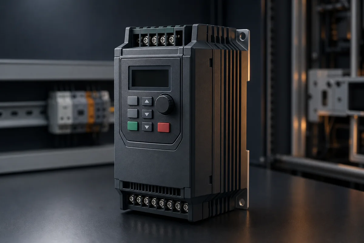 Compact industrial variable frequency drive with keypad, display and power terminals
