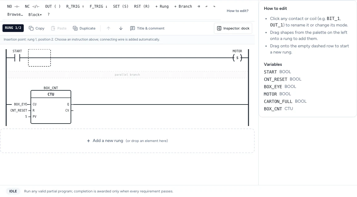 PLC Simulator Pro rung editor with ladder instructions, rung controls and docked inspector