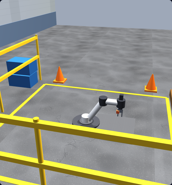 A four-axis SCARA robot in a 3D factory cell in the browser-based robot simulator, with a parts table and safety railing — a free, no-install way to learn robot programming fundamentals as an alternative to desktop robot simulation software.