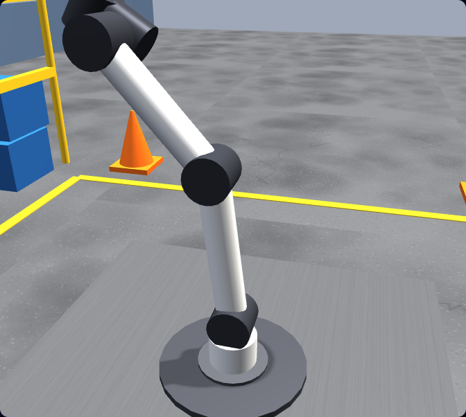 A close-up of a UR-style six-axis robot arm in the browser-based robot simulator, showing its jointed links and gripper, used to learn URScript by writing and running movej and movel commands.