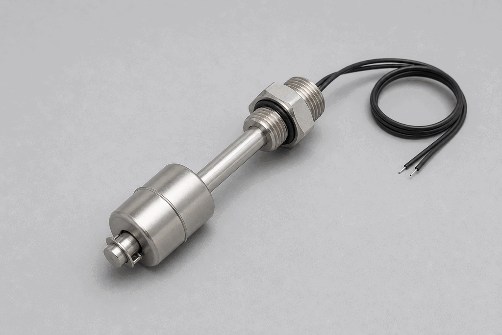 Representative real-world Float Switch (Level Switch) hardware on an industrial workbench