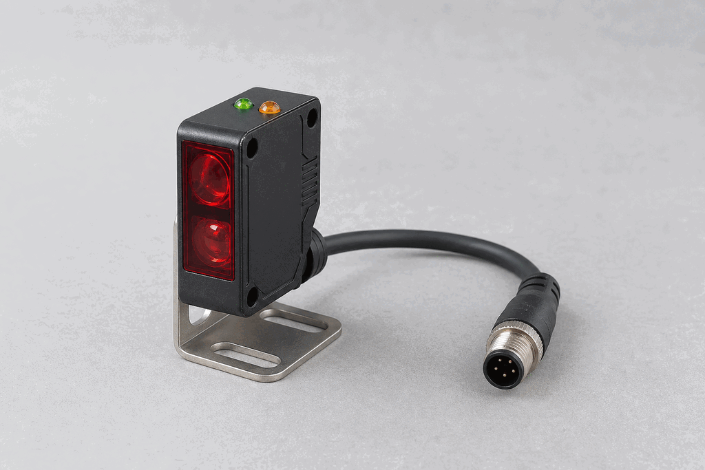 Real industrial photoelectric sensor with dual optical lenses, mounting bracket and M12 connector