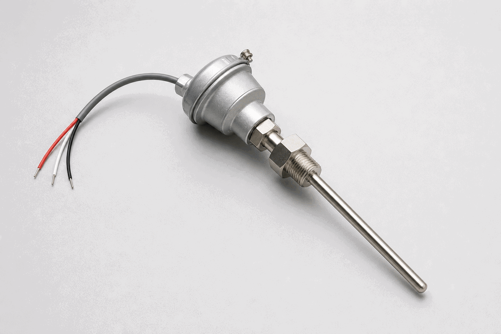 Representative real-world RTD / PT100 Temperature Sensor hardware on an industrial workbench