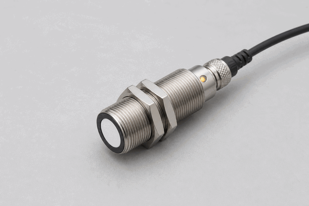 Representative real-world Ultrasonic Distance Sensor hardware on an industrial workbench