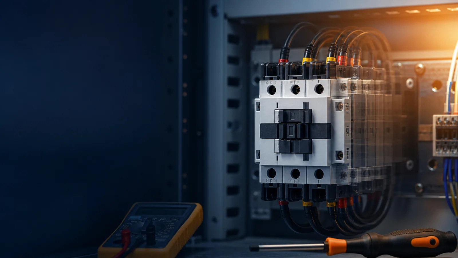 Generic three-pole motor contactor in a control cabinet with multimeter and visible vibration echoes illustrating contactor chatter diagnosis