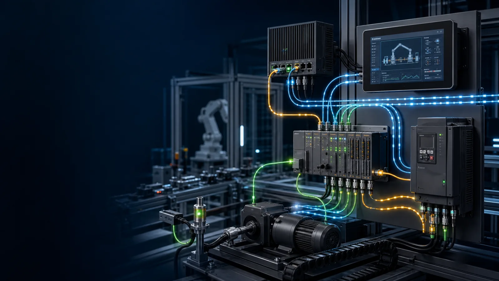 PLC, remote I/O, drive, sensor and HMI connected in an industrial network illustrating OPC UA training