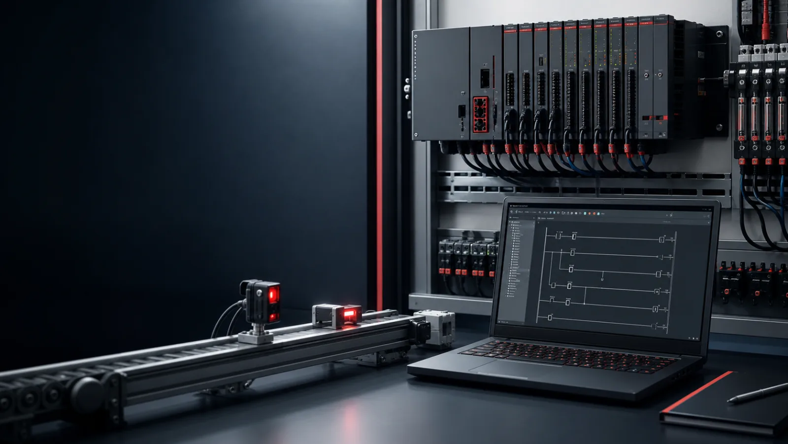 Generic compact Japanese-style PLC rack, ladder-logic laptop and conveyor sensor test bench in an independent training lab