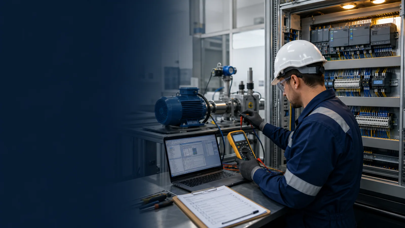 Controls engineer in PPE commissioning a generic PLC cabinet with laptop, multimeter and evidence checklist