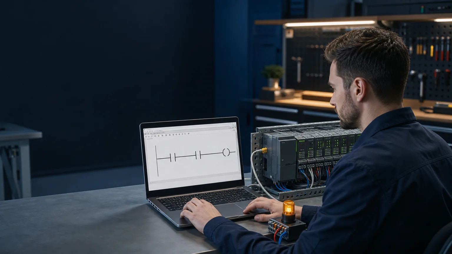 Controls technician using an Allen-Bradley-style browser ladder simulator beside a generic modular PLC I O training rack