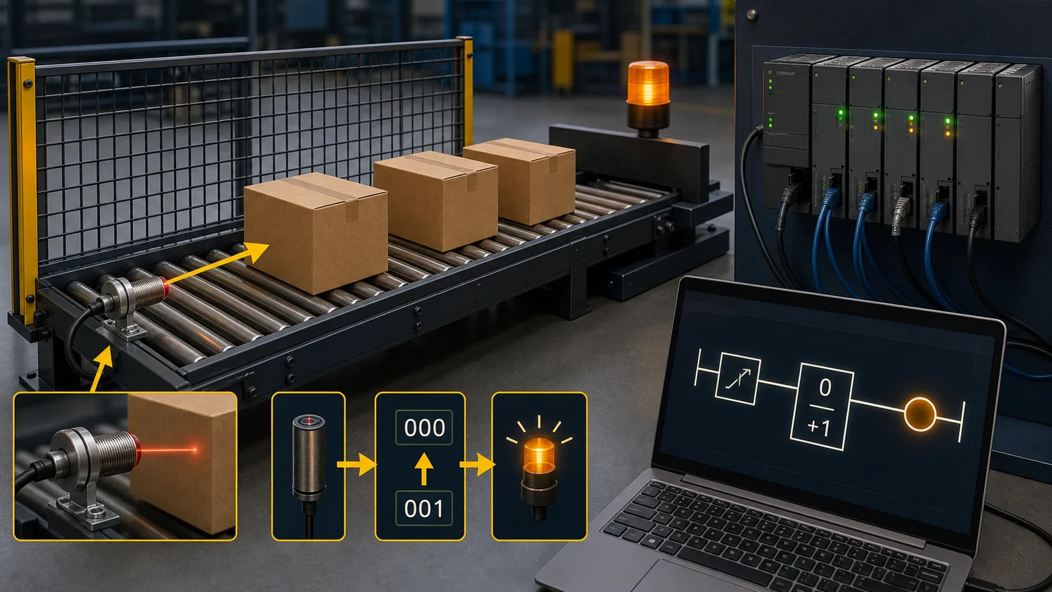 Pallet and carton conveyor exercise with sensor PLC input modules and a browser count-up ladder block