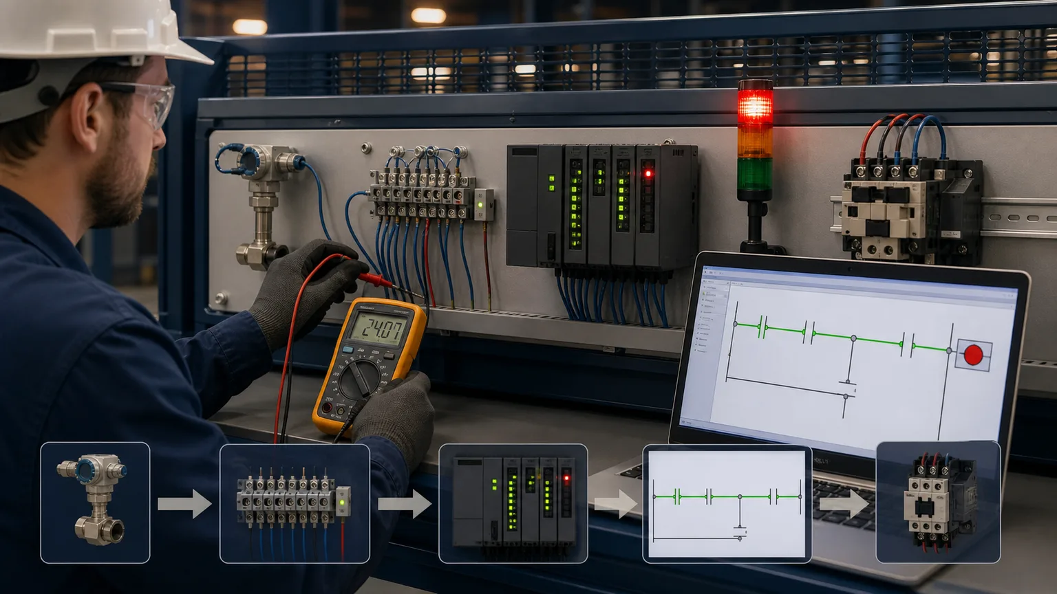 Technician tracing a 24 volt field signal through terminals PLC input LEDs live ladder continuity and an output contactor