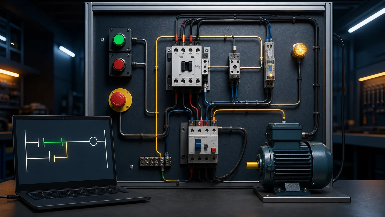Guarded motor starter training panel with contactor overload start stop controls and an Allen-Bradley-style seal-in rung