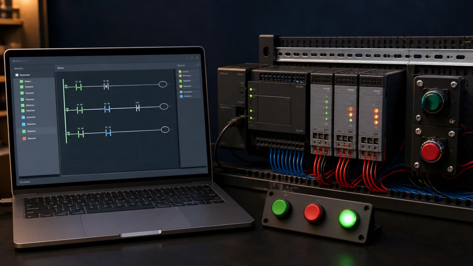 Generic PLC I O trainer with start stop buttons status LEDs and a browser ladder editor for tag-based control practice