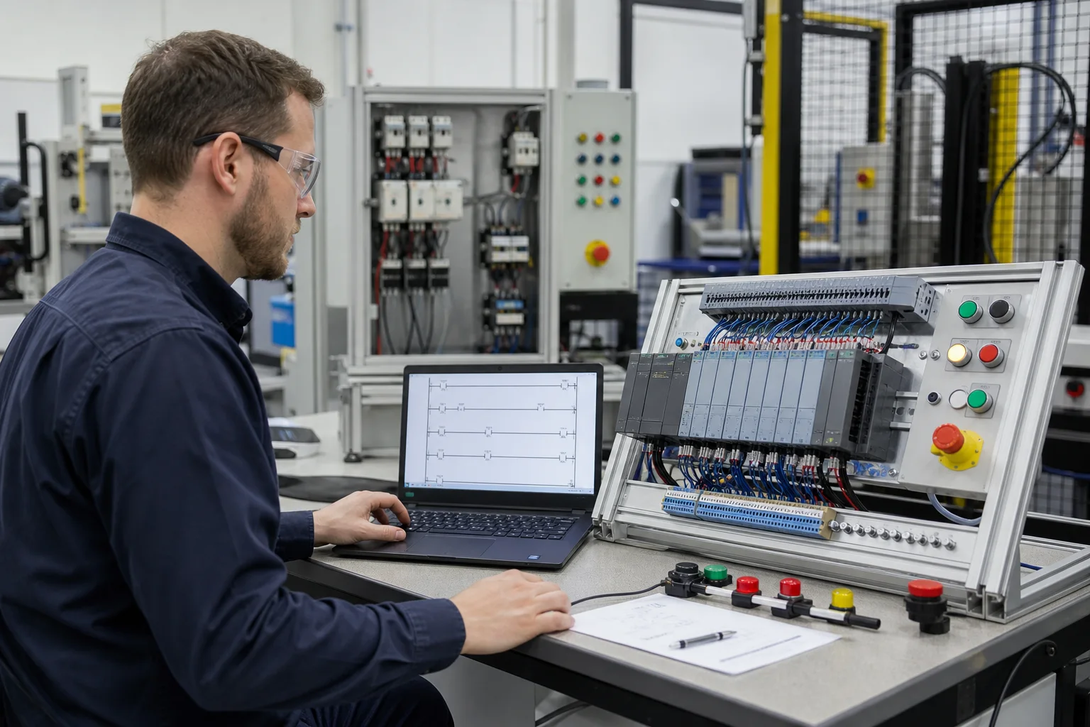 Controls technician learning Allen-Bradley-style ladder logic with a browser simulator and a generic PLC I/O training rack