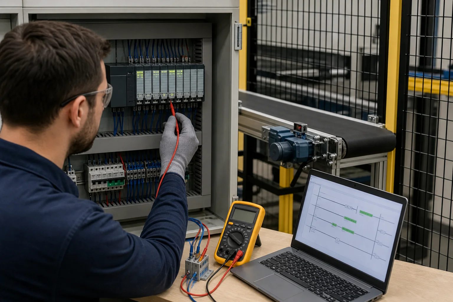 Technician cross-checking a generic PLC input channel, 24 volt training circuit, multimeter and browser rung status during troubleshooting practice