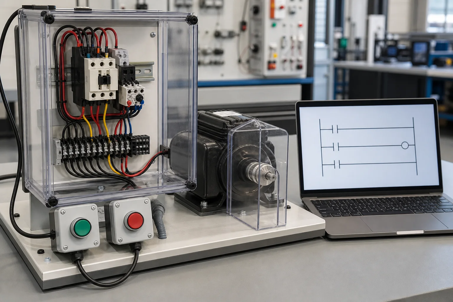 Guarded motor-control training rig with start and stop buttons, contactor, overload relay, motor and browser ladder lesson