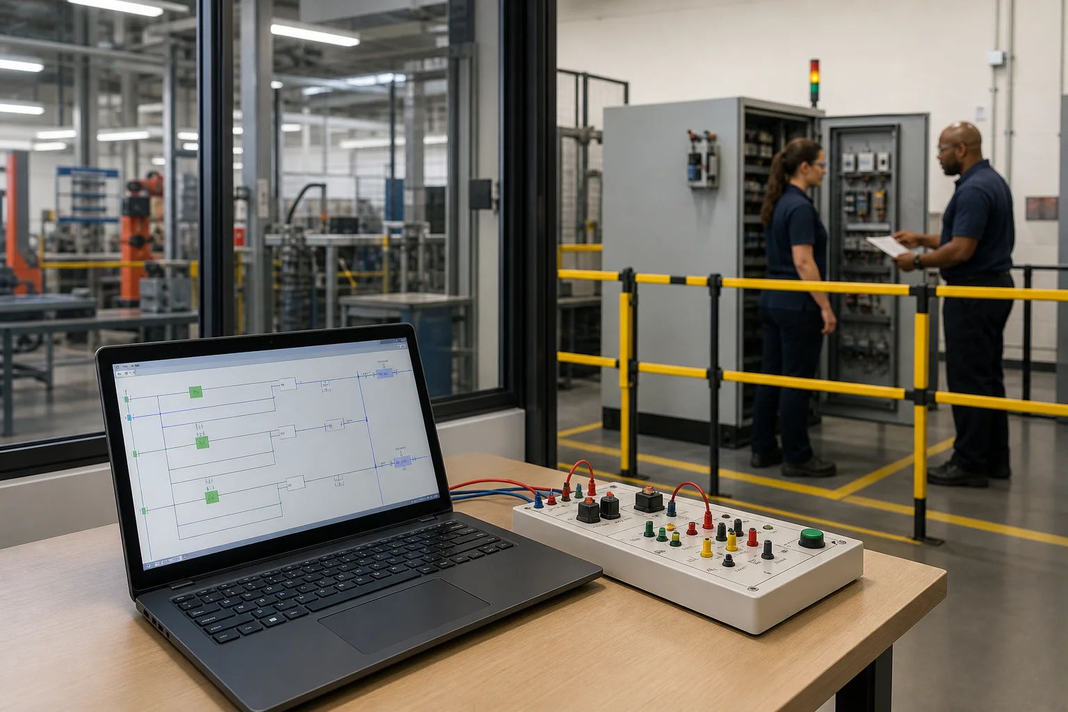 Browser PLC simulation workstation in front of a supervised industrial hardware commissioning training cell