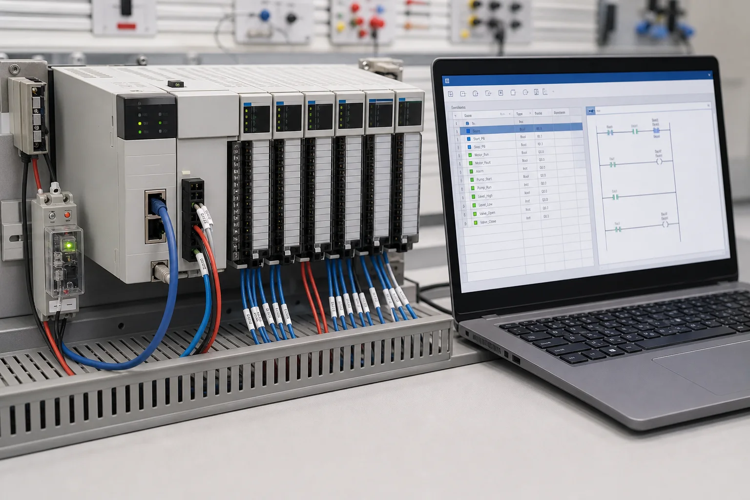 Generic modular PLC I/O rack beside a laptop during a tag-based addressing practice lesson