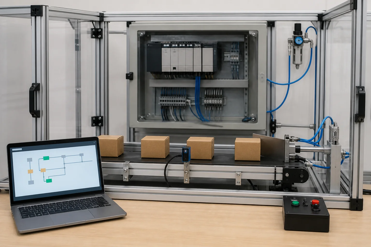 Guarded conveyor training cell with photoelectric sensor, cartons and a timed pneumatic stop gate for PLC timer and counter practice