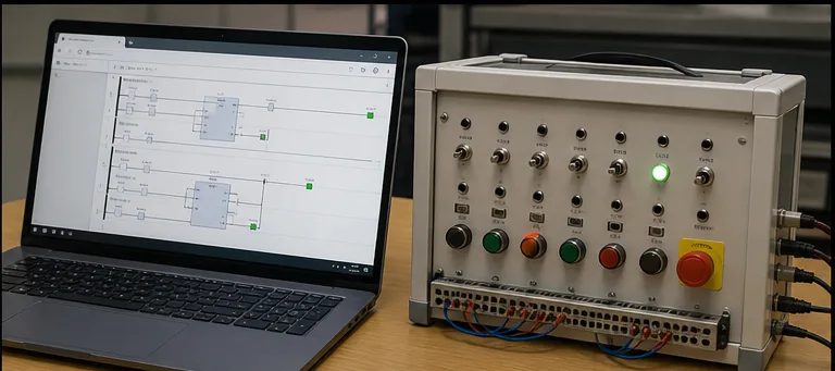 Browser-based ladder-logic practice running beside a switch and light PLC training panel