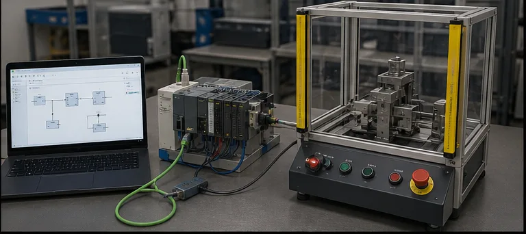 PLC, engineering laptop and guarded tabletop machine prepared for controlled commissioning tests