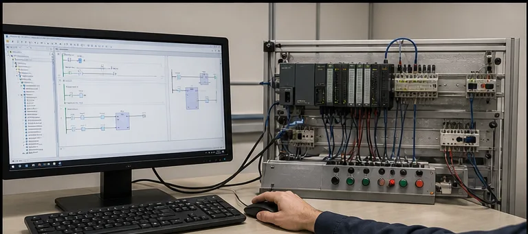 IEC 61131-3 engineering workstation connected to a compact PLC and I/O training panel