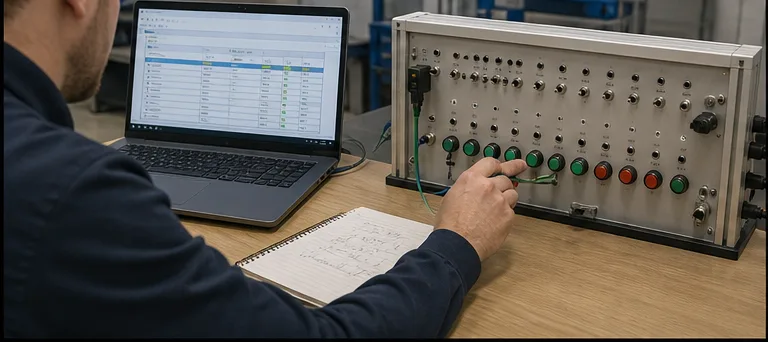 Engineer mapping controller variables to switches and indicators on an industrial training panel