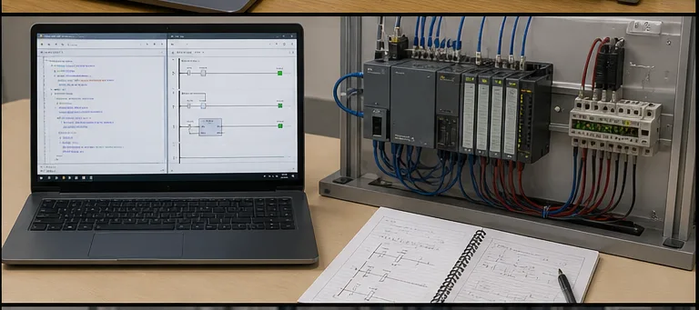 Ladder diagram and Structured Text study setup beside industrial PLC I/O hardware