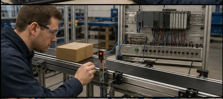 Technician testing an on-delay timer with a conveyor photoelectric sensor and PLC input hardware