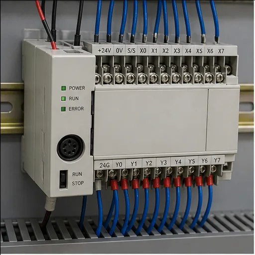 Compact DVP-style PLC on DIN rail with X input and Y output terminal wiring