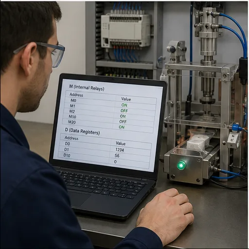 Programmer monitoring M internal relays and D data registers while a compact PLC machine runs