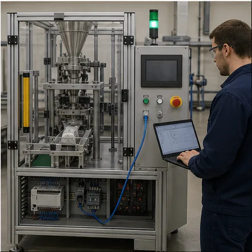 Technician commissioning a guarded packaging trainer with compact PLC, programming laptop and safety controls