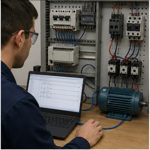 Technician testing Delta-style start-stop ladder logic beside a PLC, contactor and industrial motor training panel