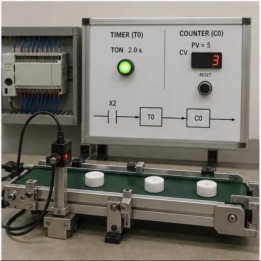 Delta-style PLC timer and counter exercise with a conveyor sensor and three parts
