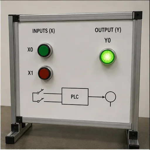 Delta-style PLC training board with X0 and X1 pushbuttons and a Y0 output pilot light