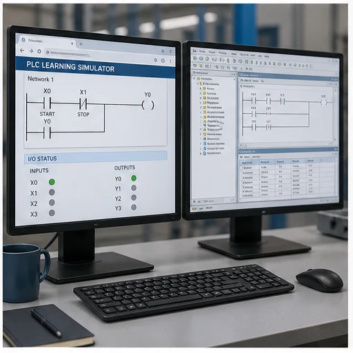 Browser PLC learning simulator beside a generic desktop engineering project environment