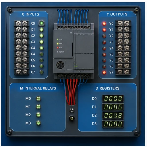 Delta-style PLC memory trainer separating X inputs, Y outputs, M relays and D registers