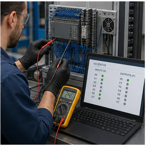 Technician safely diagnosing a compact PLC input and output circuit with a multimeter and I/O status display