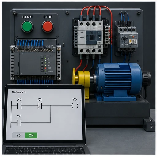 Motor control training panel with start and stop buttons, contactor, overload, motor and Delta-style ladder logic