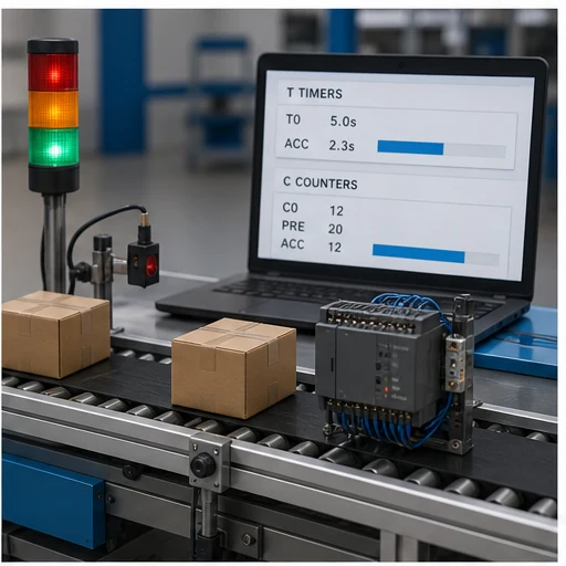 Packaging conveyor PLC lab showing T timer and C counter values