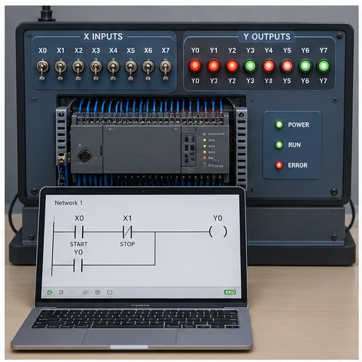 Compact PLC training bench with X input switches, Y output indicators and a Delta DVP-style ladder rung