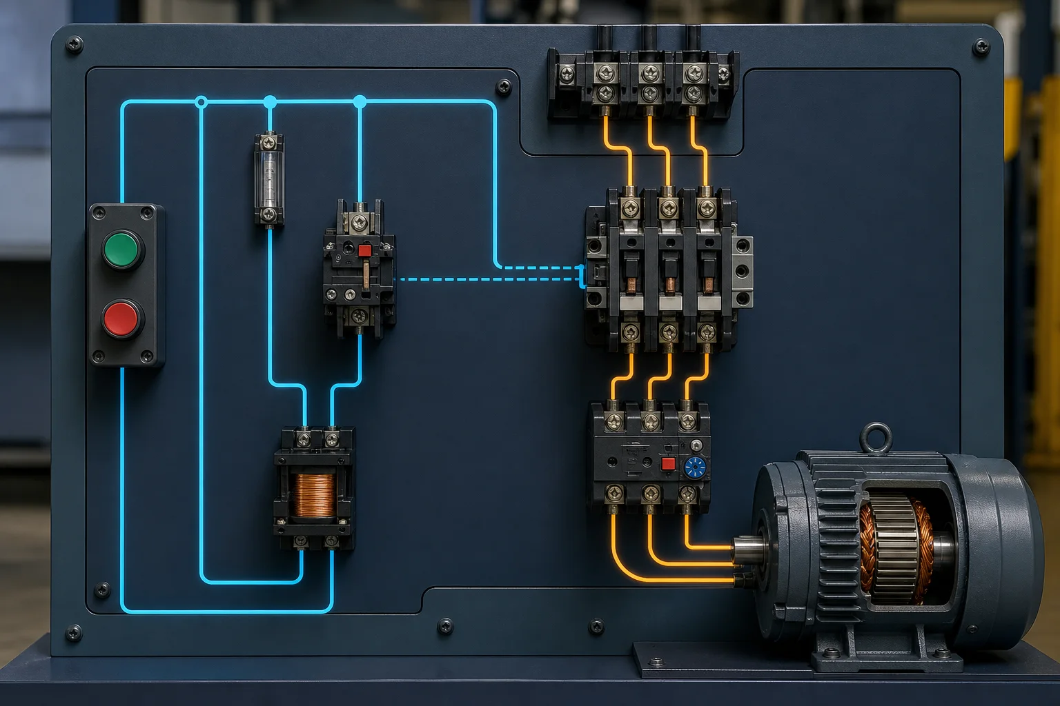 Direct-on-line motor starter showing separate low-voltage control path and three-phase power path