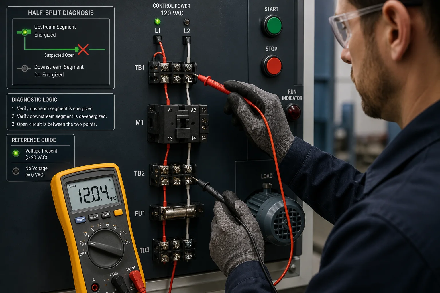 Technician using a multimeter to half-split an open motor-control circuit on a safe training panel