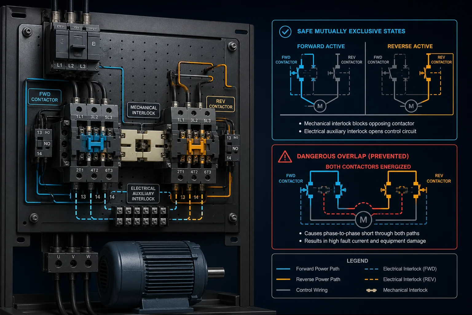 Forward and reverse motor contactors with mechanical and electrical interlocks preventing both directions from energizing together