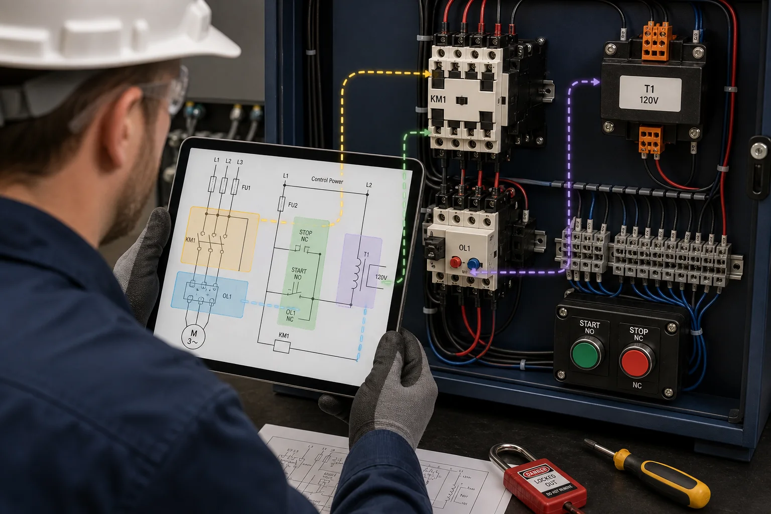 Industrial electrical technician tracing a motor-control schematic to contactor, overload, transformer and terminal components in a training panel