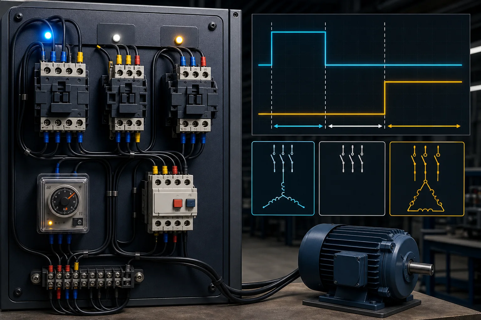 Star-delta motor starter with three contactors, overload and timing trace showing a no-overlap transition
