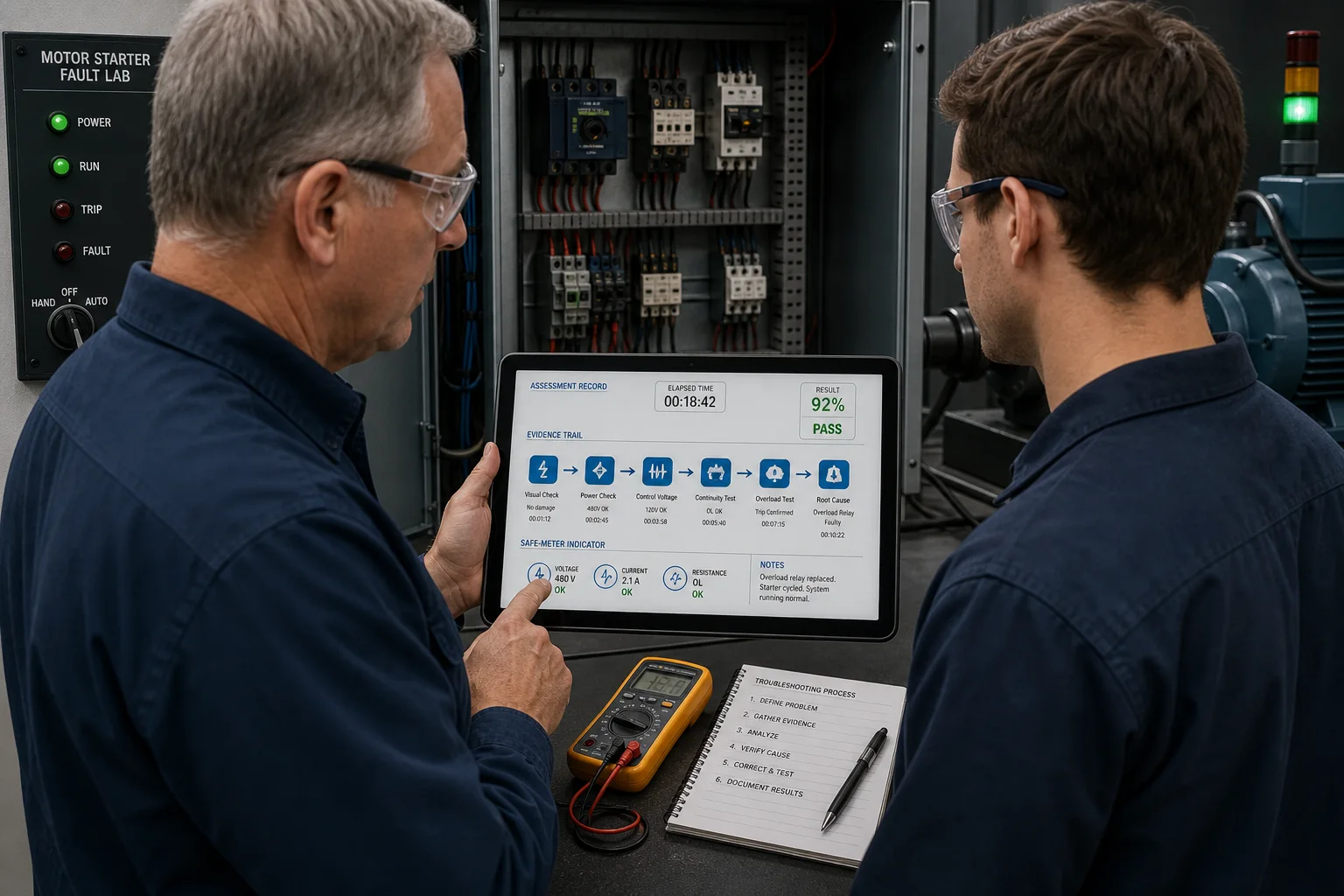 Instructor and learner reviewing an industrial electrical troubleshooting assessment after restoring a motor starter
